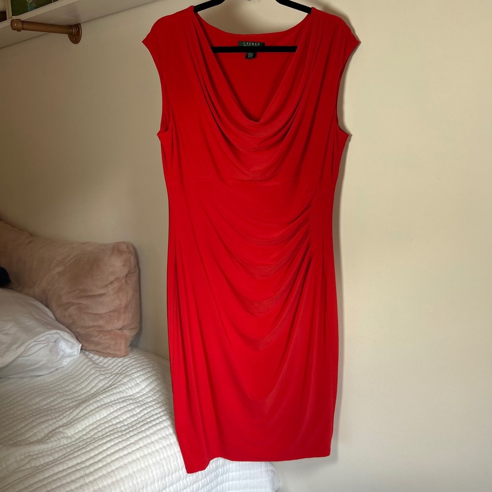 Lauren Ralph Lauren Red Cowl Neck Ruched Sheath Dress Cap Sleeve Size 16